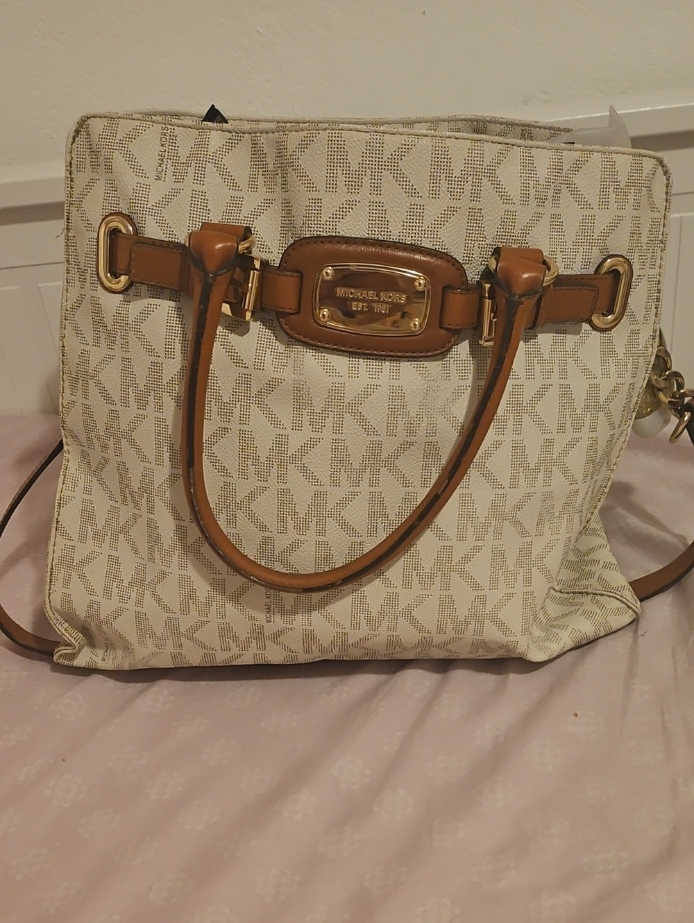 Michael Kors Cream Monogram Tote with Tan Leather Accents